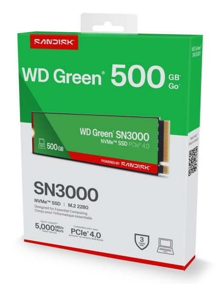 SSD, SANDISK, 150xTBW rating, MTBF 1.75 h, NVMe Yes, PCI Express 4.0, M.2, 500 GB, POWERED BY SANDISK, Green, WDS500G4G0E