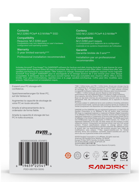 SSD, SANDISK, 150xTBW rating, MTBF 1.75 h, NVMe Yes, PCI Express 4.0, M.2, 500 GB, POWERED BY SANDISK, Green, WDS500G4G0E