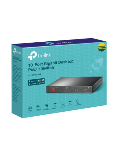 Switch, TP-LINK, TL-SG1210PP, 9x10Base-T / 100Base-TX / 1000Base-T, 1x10/100/1000BASE-T/SFP combo, PoE+ ports 6, TL-SG1210PP