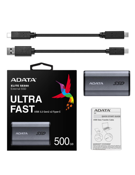 External SSD, ADATA, SE880, 500GB, USB-C, Write speed 2000 MBytes/sec, Read speed 2000 MBytes/sec, AELI-SE880-500GCGY