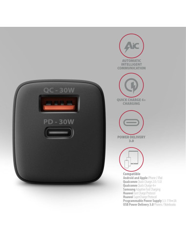 MOBILE CHARGER WALL USB 30W/2PORT BLACK ACU-PQ30 AXAGON