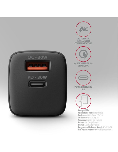 MOBILE CHARGER WALL USB 30W/2PORT BLACK ACU-PQ30 AXAGON