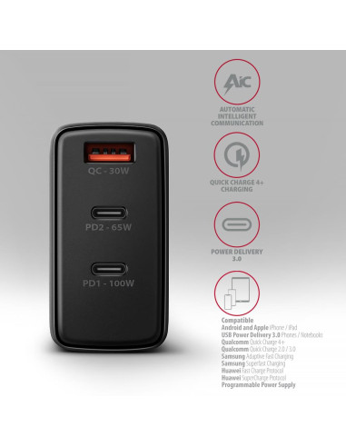 MOBILE CHARGER WALL USB 100W/GAN 3PORT ACU-DPQ100 AXAGON