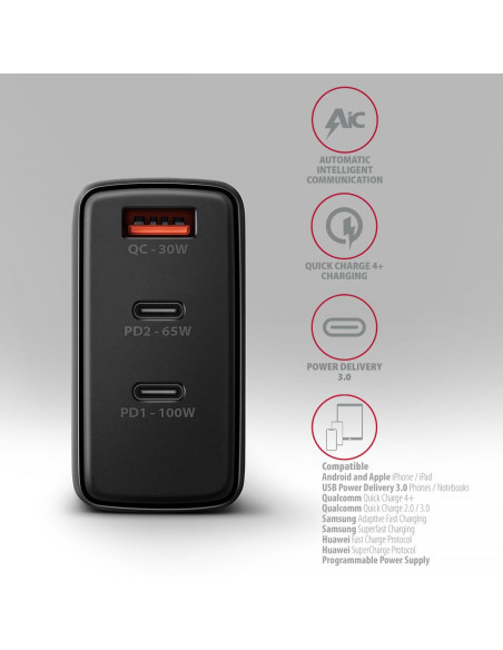 MOBILE CHARGER WALL USB 100W/GAN 3PORT ACU-DPQ100 AXAGON