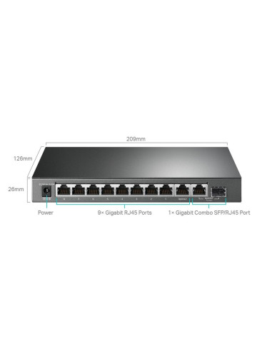 Switch, TP-LINK, Desktop/pedestal, 9x10Base-T / 100Base-TX / 1000Base-T, 1x10/100/1000BASE-T/SFP combo, PoE+ ports 8, 123 Watts