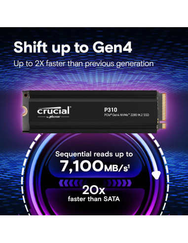 SSD, CRUCIAL, P310, 1TB, M.2, PCIe Gen4, NVMe, 3D NAND, Write speed 6000 MBytes/sec, Read speed 7100 MBytes/sec, TBW 220 TB, CT