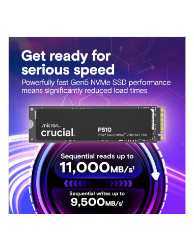 SSD, CRUCIAL, 600xTBW rating, Read speed 11000 MB/s, Write speed 9500 MB/s, NVMe Yes, PCI Express 5.0, M.2, 1000 GB, P510, CT10