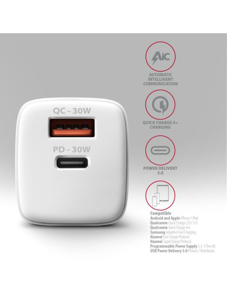 MOBILE CHARGER WALL USB 30W/2PORT WHITE ACU-PQ30W AXAGON