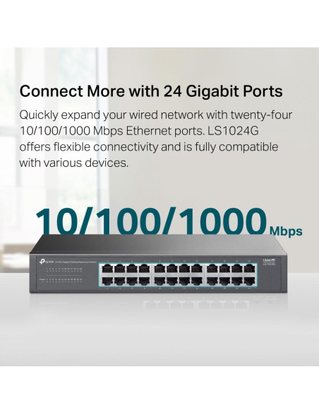 Switch, TP-LINK, Switch type Unmanaged, 24xRJ-45 ports, RJ-45 Ports Type Gigabit Ethernet (10/100/1000), LS1024G