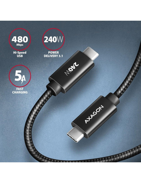 CABLE USB-C TO USB-C 2.5M 240W/BRAID BLK BUCM2-CM25AB AXAGON