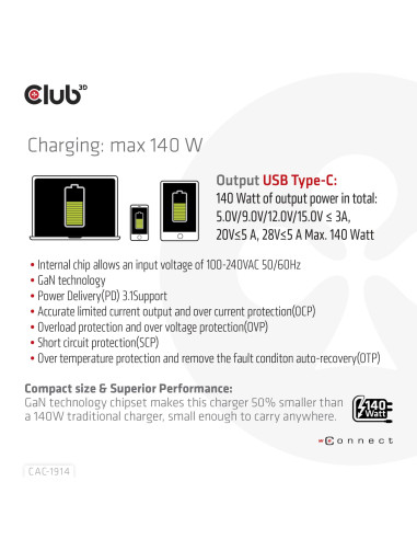 MOBILE TRAVEL CHARGER USB-C/140W GAN CAC-1914EU CLUB3D