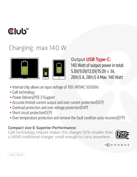 MOBILE TRAVEL CHARGER USB-C/140W GAN CAC-1914EU CLUB3D