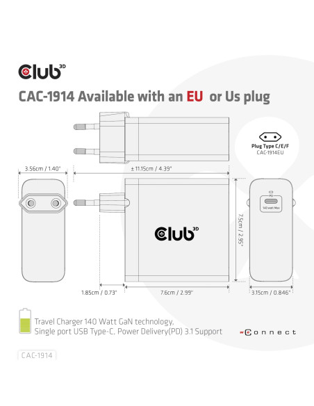 MOBILE TRAVEL CHARGER USB-C/140W GAN CAC-1914EU CLUB3D