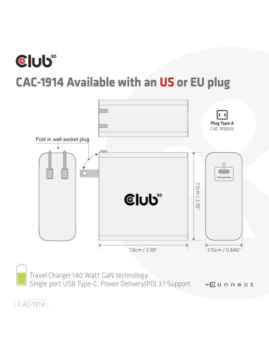MOBILE TRAVEL CHARGER USB-C/140W GAN CAC-1914EU CLUB3D