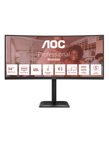 LCD Monitor, AOC, 34 ", 3440 x 1440 pixels, UltraWide Quad HD, Native aspect ratio 21:9, LCD, Curved, CU34E4CV