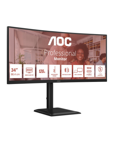 LCD Monitor, AOC, 34 ", 3440 x 1440 pixels, UltraWide Quad HD, Native aspect ratio 21:9, LCD, Curved, CU34E4CV