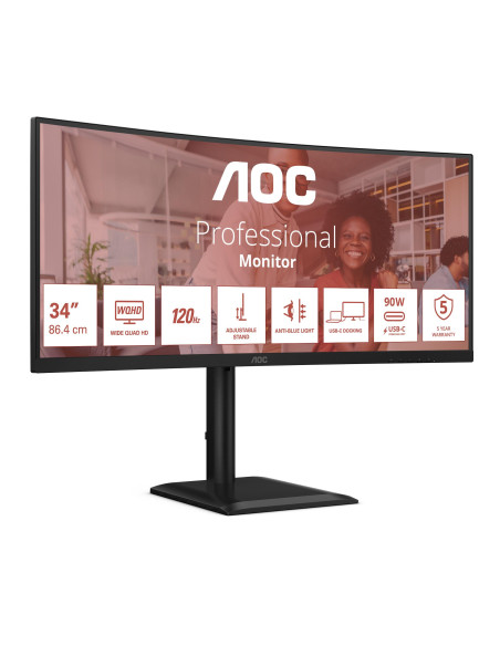 LCD Monitor, AOC, 34 ", 3440 x 1440 pixels, UltraWide Quad HD, Native aspect ratio 21:9, LCD, Curved, CU34E4CV