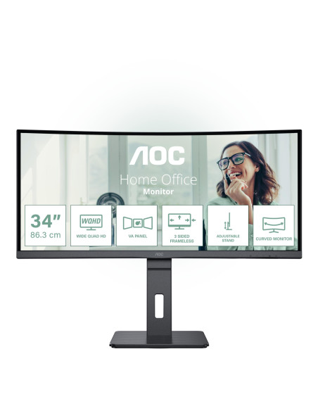 LCD Monitor, AOC, 34 ", 3440 x 1440 pixels, UltraWide Quad HD, Native aspect ratio 21:9, LED, Curved, CU34P3CV
