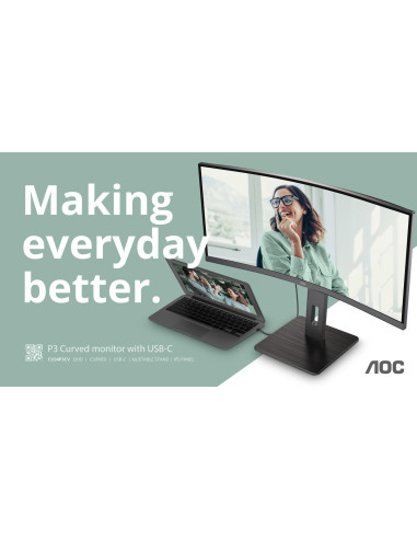 LCD Monitor, AOC, 34 ", 3440 x 1440 pixels, UltraWide Quad HD, Native aspect ratio 21:9, LED, Curved, CU34P3CV