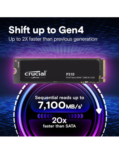 SSD, CRUCIAL, 220xTBW rating, Read speed 7100 MB/s, Write speed 6000 MB/s, NVMe Yes, PCI Express 4.0, M.2, 1000 GB, CT1000P310S
