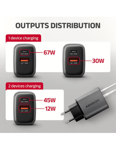 MOBILE CHARGER WALL USB 67W/GAN 2PORT ACU-PQ67 AXAGON