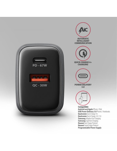 MOBILE CHARGER WALL USB 67W/GAN 2PORT ACU-PQ67D AXAGON