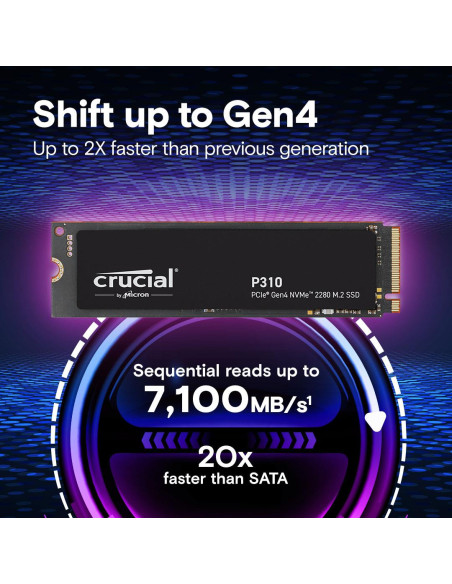 SSD, CRUCIAL, 220xTBW rating, Read speed 7100 MB/s, Write speed 6000 MB/s, NVMe Yes, PCI Express 4.0, M.2, 1000 GB, CT1000P310S