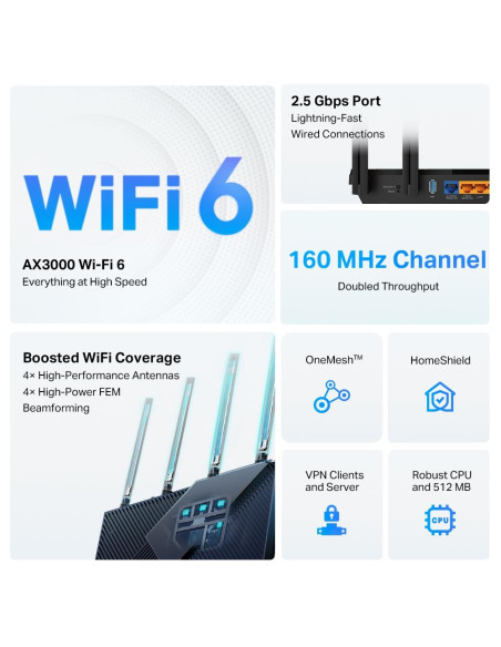 Wireless Router, TP-LINK, Wireless Router, 3000 Mbps, Wi-Fi 6, IEEE 802.11a, IEEE 802.11 b/g, IEEE 802.11n, IEEE 802.11ac, IEEE