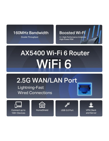 Wireless Router, TP-LINK, Wireless Router, 5400 Mbps, Wi-Fi 6, IEEE 802.11a, IEEE 802.11 b/g, IEEE 802.11n, IEEE 802.11ac, IEEE