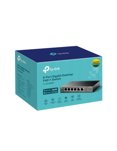 Switch, TP-LINK, TL-SG1006PP, Desktop/pedestal, 6x10Base-T / 100Base-TX / 1000Base-T, PoE+ ports 4, TL-SG1006PP