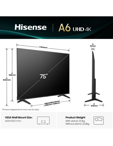 TV Set, HISENSE, 75 ", 4K Ultra HD, 3840 x 2160 pixels, Flat, 16:9, 75A6Q