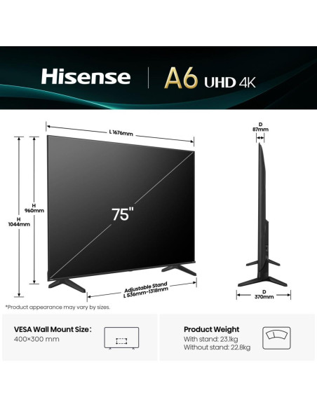 TV Set, HISENSE, 75 ", 4K Ultra HD, 3840 x 2160 pixels, Flat, 16:9, 75A6Q
