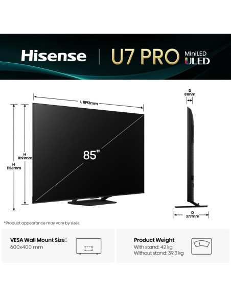 TV Set, HISENSE, 85 ", 4K Ultra HD, 3840 x 2160 pixels, Flat, 16:9, ULED, 85U7QPRO