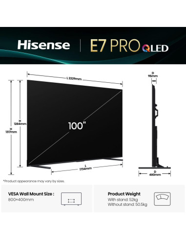 TV Set, HISENSE, 100 ", 4K Ultra HD, 3840 x 2160 pixels, Flat, 16:9, QLED, 100E7QPRO