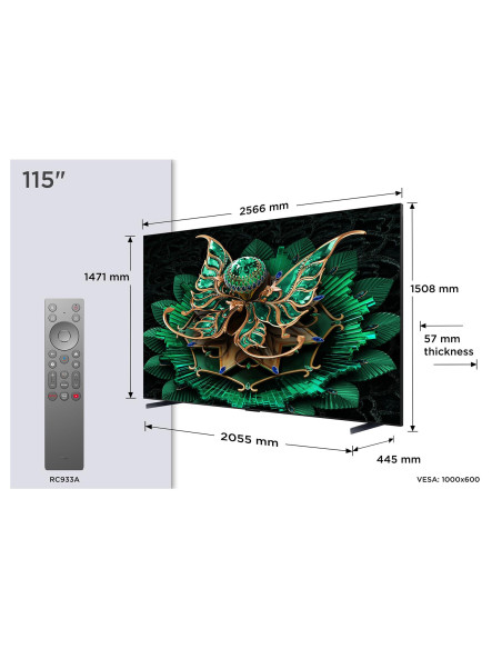 TV Set, TCL, 115 ", 4K Ultra HD, 3840 x 2160 pixels, Flat, 16:9, QD-Mini LED, 115C7K