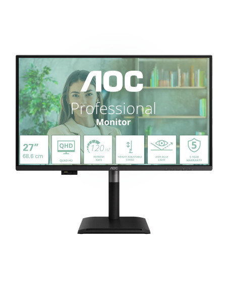 LCD Monitor, AOC, 27 ", 2560 x 1440 pixels, Wide Quad HD, Native aspect ratio 16:9, Flat, Q27P4U