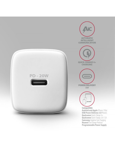 MOBILE CHARGER WALL USB-C 20W/1PORT WHITE ACU-PD20W AXAGON