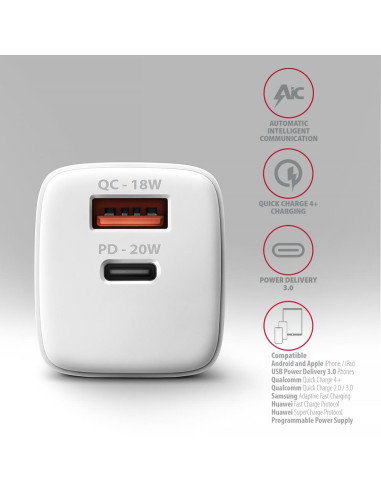 MOBILE CHARGER WALL USB 20W/2PORT WHITE ACU-PQ20W AXAGON