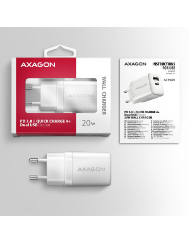 MOBILE CHARGER WALL USB 20W/2PORT WHITE ACU-PQ20W AXAGON