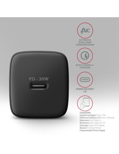 MOBILE CHARGER WALL USB-C 30W/1PORT BLACK ACU-PD30 AXAGON