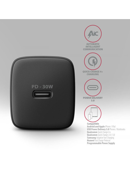 MOBILE CHARGER WALL USB-C 30W/1PORT BLACK ACU-PD30 AXAGON