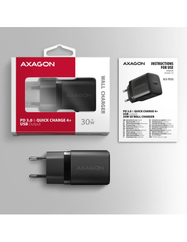 MOBILE CHARGER WALL USB-C 30W/1PORT BLACK ACU-PD30 AXAGON