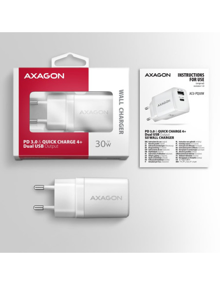 MOBILE CHARGER WALL USB 30W/2PORT WHITE ACU-PQ30W AXAGON