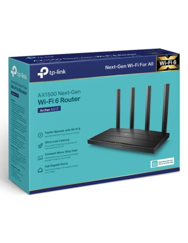 Wireless Router, TP-LINK, Wireless Router, 1500 Mbps, Wi-Fi 6, 1 WAN, 3x10/100/1000M, Number of antennas 4, ARCHERAX17