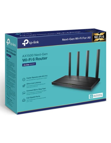 Wireless Router, TP-LINK, Wireless Router, 1500 Mbps, Wi-Fi 6, 1 WAN, 3x10/100/1000M, Number of antennas 4, ARCHERAX17