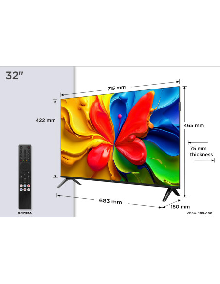 TV Set, TCL, 32 ", HD, 1366 x 768 pixels, Flat, 16:9, QLED, 32V4C
