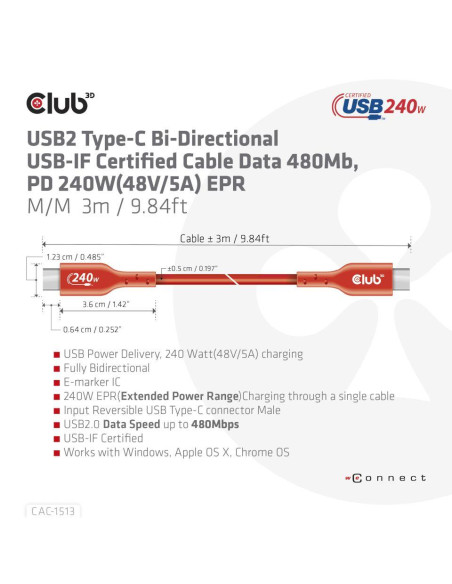 CABLE USB-C TO USB-C 3M/M/M CAC-1513 CLUB3D