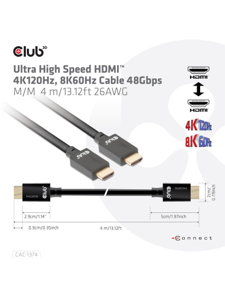 CABLE HDMI TO HDMI 4M/M/M CAC-1374 CLUB3D