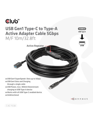 CABLE USB-C TO USB 10M/M/F CAC-1538 CLUB3D