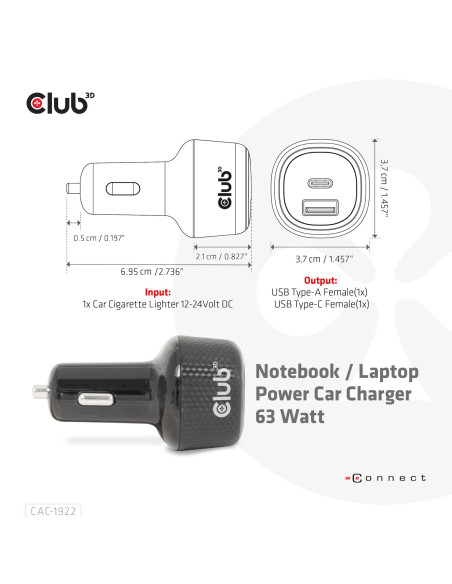 NB CHARGER CAR USB+USB-C/63W CAC-1922 CLUB3D